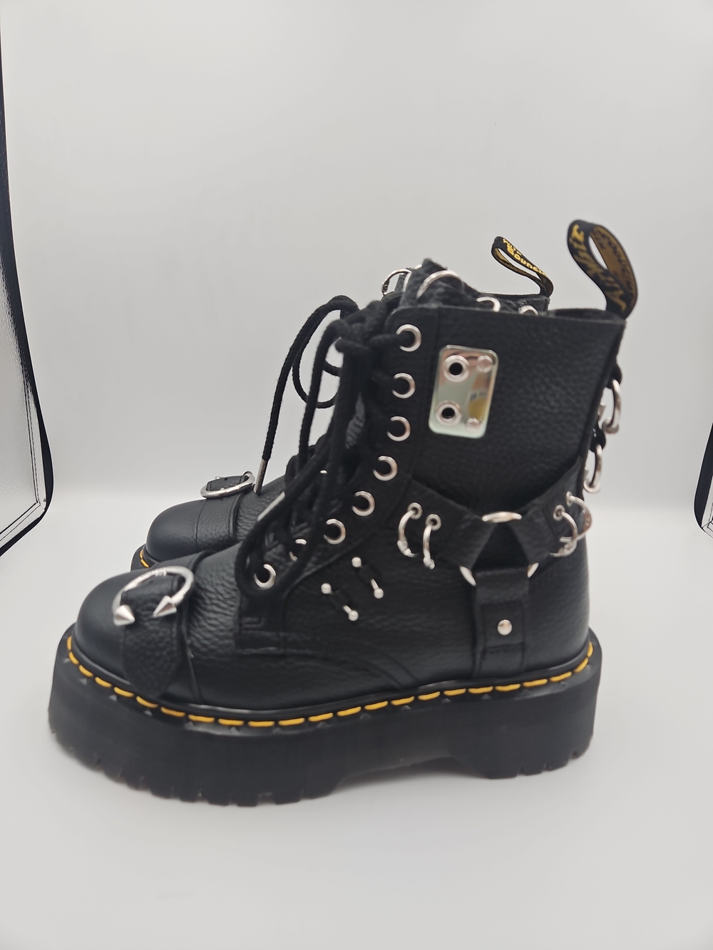 Dr. Martens Black Leather Platform Combat Boots with Silver Hardware